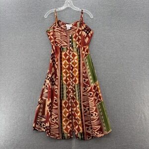 VTG Rene Derhy Dress Medium Red Batik Rayon Fit Flare Midi Boho Flowy Sundress